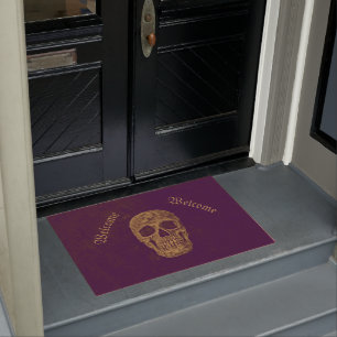 Gothic Skull Grunge Purple Gold Cool Welcome Doormat