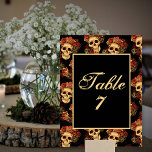 Gothic Skull Halloween Wedding Black Table Number<br><div class="desc">This gothic wedding table number welcomes your guests to their table with a pattern of creepy skulls floating in a black abyss behind your monogram text. Each skull is adorned with red roses for your romantic occasion on Halloween. Their empty soulless eyes are contrasted sharply against the goth rose crown...</div>