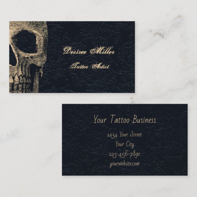 Gothic Skull Head Beige Black Floral Tattoo Artist Business Card (Front/Back)