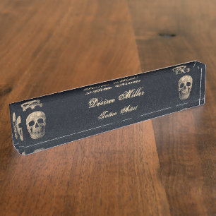 Gothic Skull Head Beige Black Floral Tattoo Artist Nameplate
