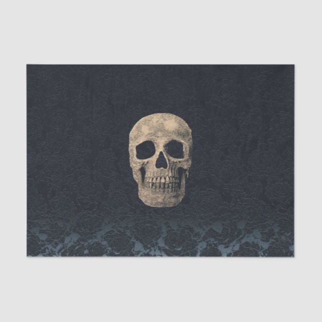 Gothic Skull Head Beige Black Navy Blue Floral Tissue Paper (Front)