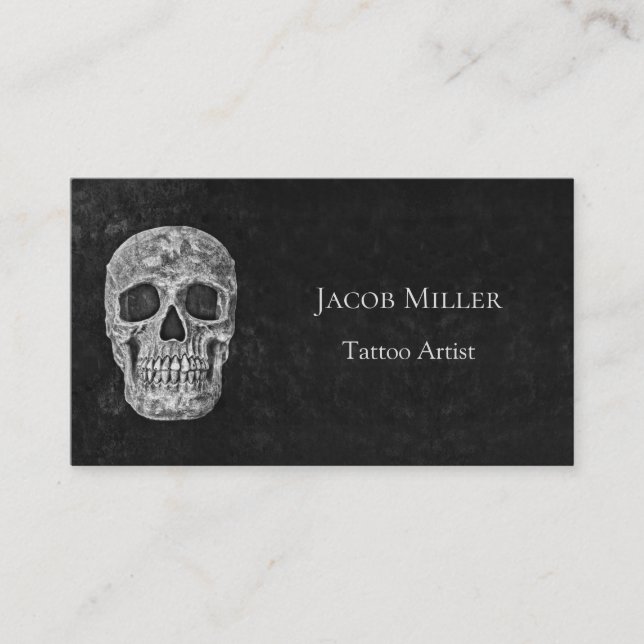 Gothic Skull Head Black And White Tattoo Artist Business Card (Front)