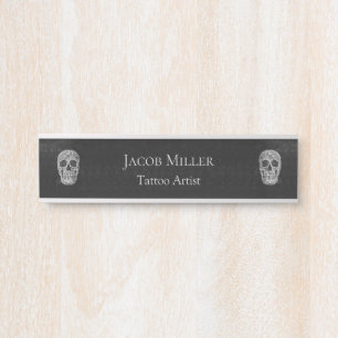 Gothic Skull Head Black And White Tattoo Artist Door Sign
