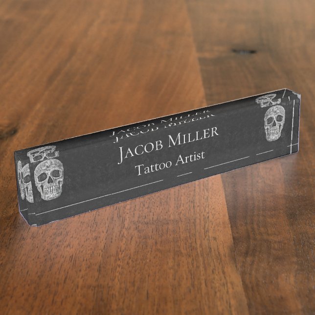 Gothic Skull Head Black And White Tattoo Artist Nameplate (Side)