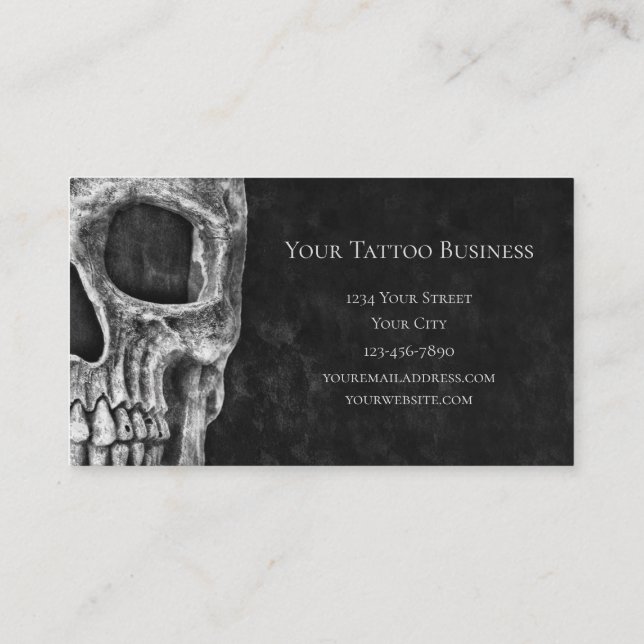 Gothic Skull Head Black And White Tattoo Shop Business Card (Back)