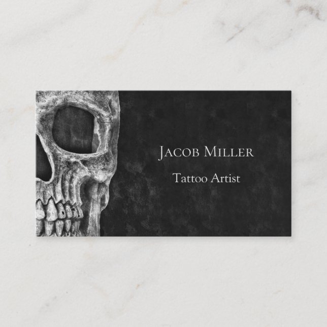 Gothic Skull Head Black And White Tattoo Shop Business Card (Front)