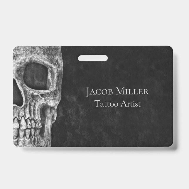 Gothic Skull Head Black And White Tattoo Shop ID Badge (Front)