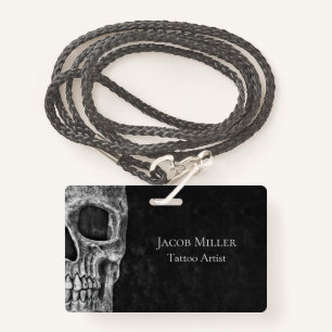 Gothic Skull Head Black And White Tattoo Shop ID Badge