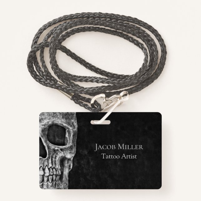 Gothic Skull Head Black And White Tattoo Shop ID Badge (Front with Lanyard)