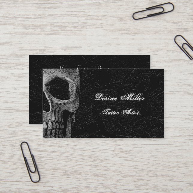 Gothic Skull Head Black Grey Floral Tattoo Artist Business Card (Front/Back In Situ)