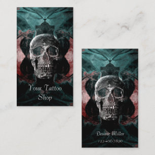 Gothic Skull Head Black Teal Red Floral Tattoo Business Card