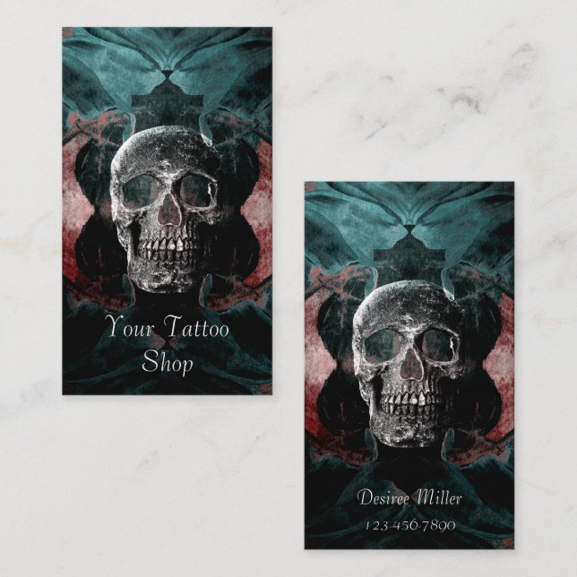 Gothic Skull Head Black Teal Red Floral Tattoo Business Card (Front/Back)