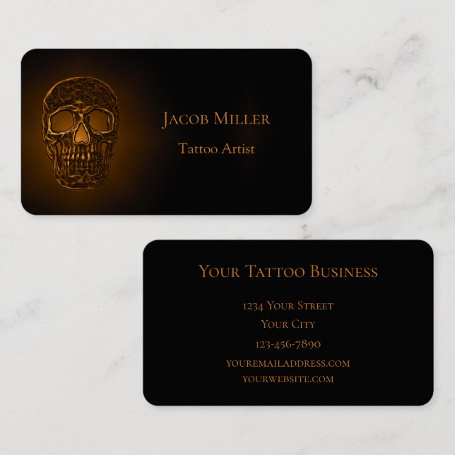 Gothic Skull Head Gold Metallic Tattoo Artist Business Card (Front/Back)