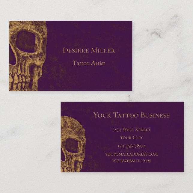 Gothic Skull Head Gold Purple Tattoo Shop Business Card (Front/Back)