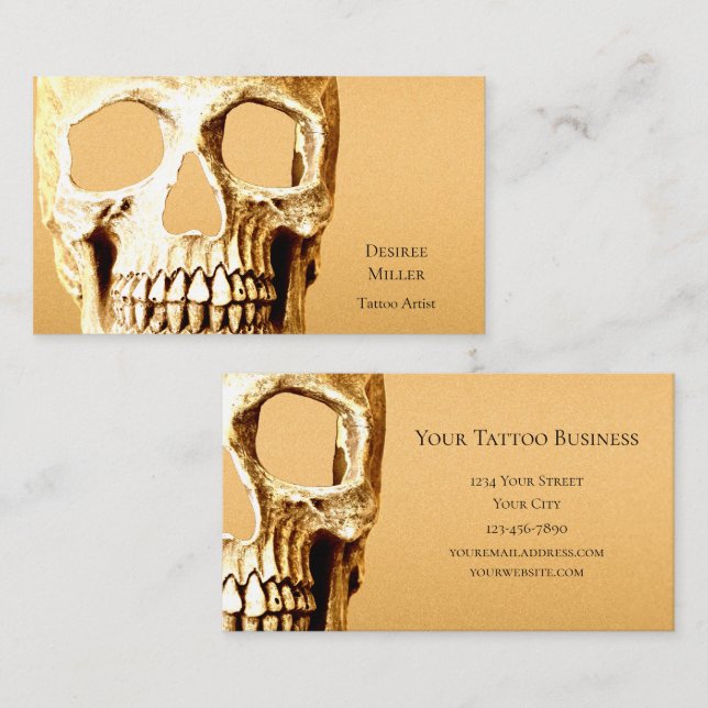 Gothic Skull Head Gold White Tattoo Shop Business Card (Front/Back)