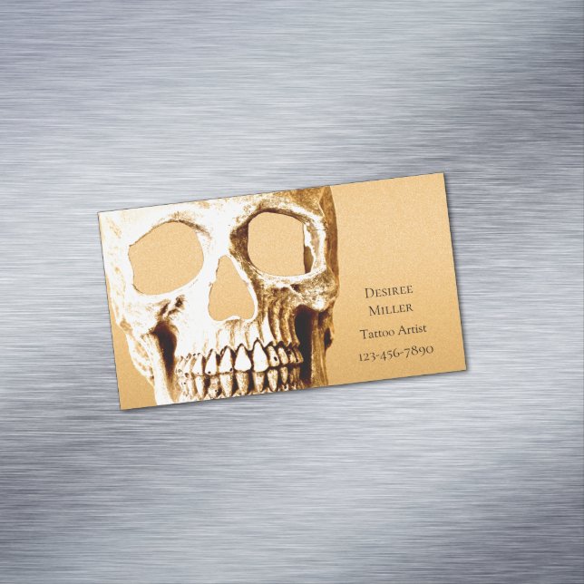 Gothic Skull Head Gold White Tattoo Shop Magnetic Business Card (In Situ)