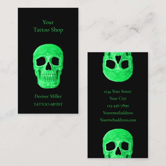 Gothic Skull Head Green Neon Black Tattoo Shop Business Card (Front/Back)