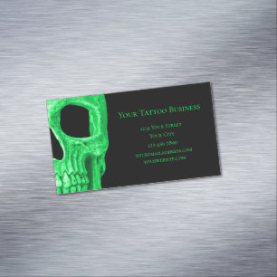 Gothic Skull Head Green Neon Black Tattoo Shop Magnetic Business Card