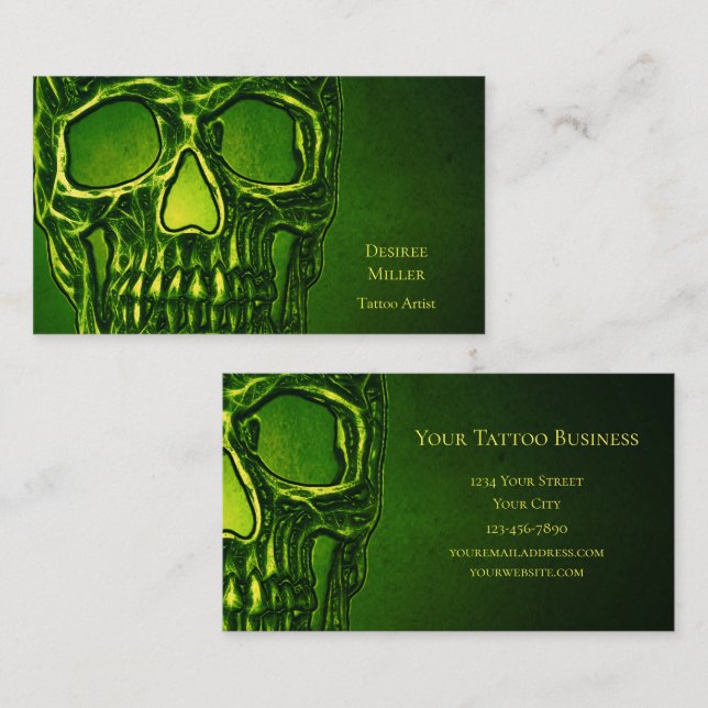 Gothic Skull Head Green Neon Metallic Tattoo Shop Business Card (Front/Back)