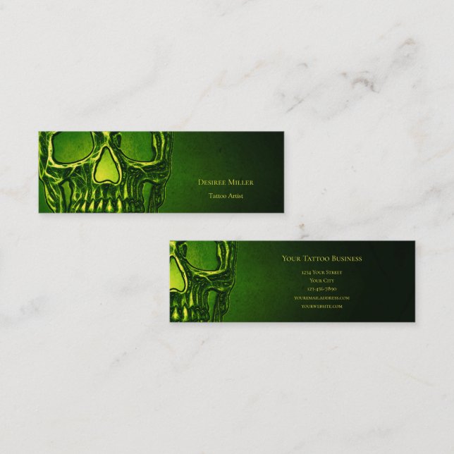 Gothic Skull Head Green Neon Metallic Tattoo Shop Mini Business Card (Front/Back)