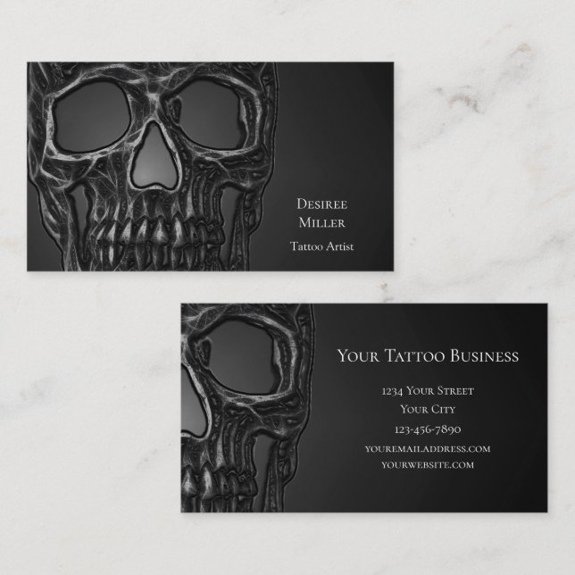 Gothic Skull Head Grey Metallic Tattoo Shop Business Card (Front/Back)