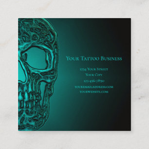 Gothic Skull Head Metallic Teal Green Tattoo Shop Square Business Card