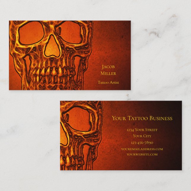 Gothic Skull Head Orange Black Tattoo Shop Business Card (Front/Back)