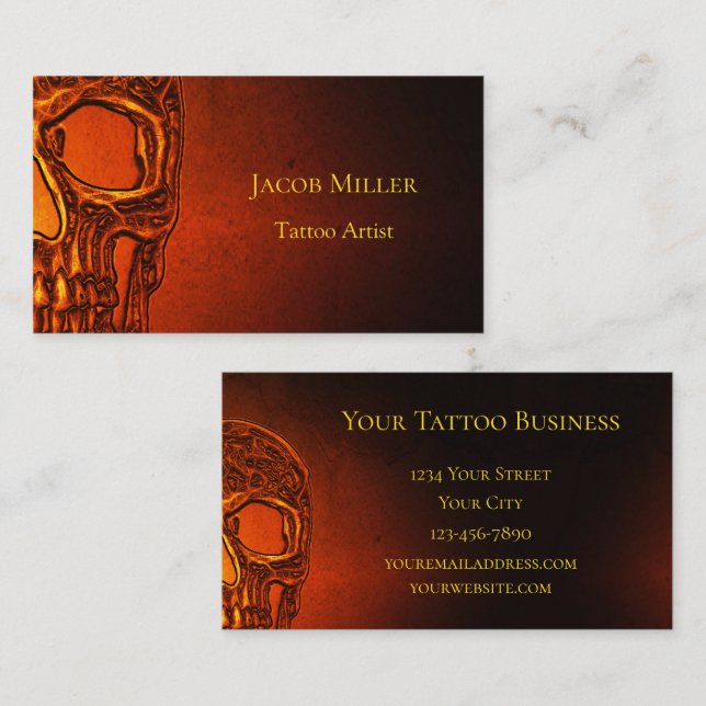 Gothic Skull Head Orange Black Tattoo Shop Business Card (Front/Back)