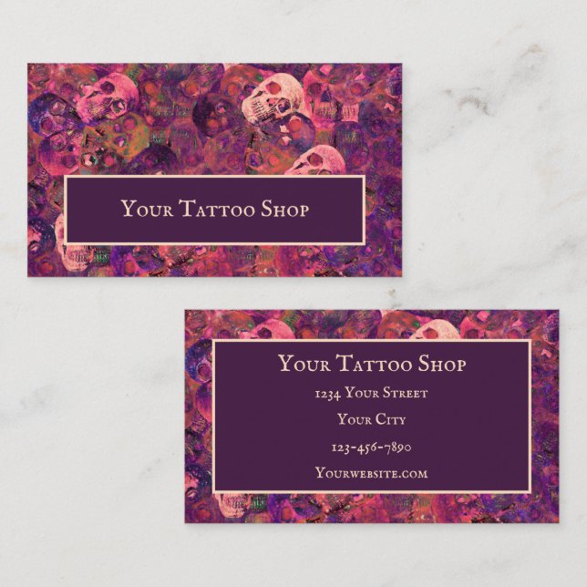 Gothic Skull Head Pattern Purple Pink Tattoo Shop Business Card (Front/Back)