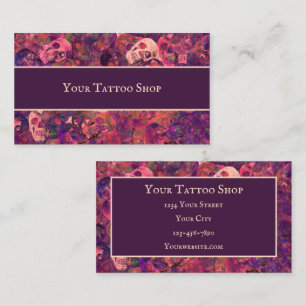 Gothic Skull Head Pattern Purple Pink Tattoo Shop Business Card