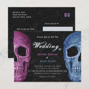 Gothic Skull Head Pink Blue Hallowedding Invitation Postcard