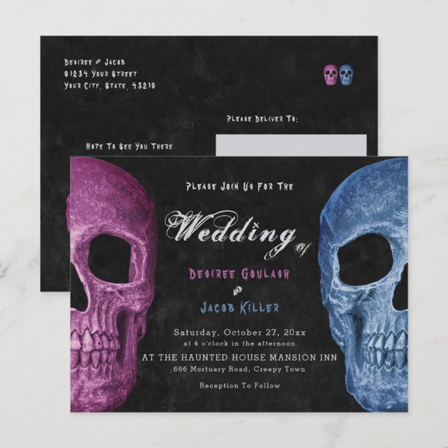 Gothic Skull Head Pink Blue Hallowedding Invitation Postcard (Front/Back)