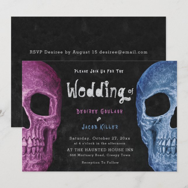 Gothic Skull Head Pink Blue Halloween Wedding Invitation (Front/Back)