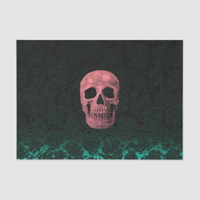 Gothic Skull Head Pink Dark Green Floral Tissue Paper (Front)