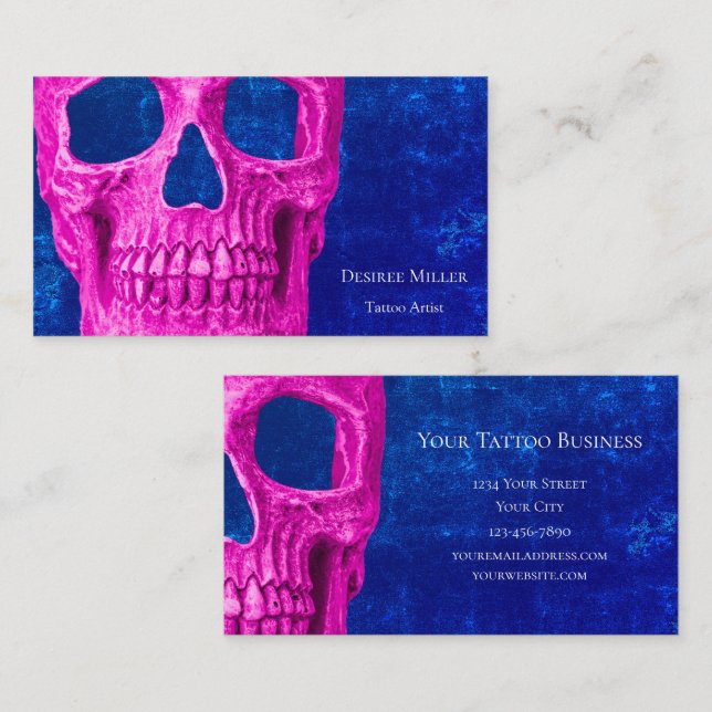 Gothic Skull Head Pink Royal Blue Tattoo Shop Business Card (Front/Back)