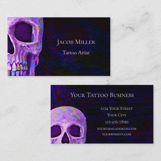 Gothic Skull Head Purple Blue Tattoo Shop Business Card (Front/Back)