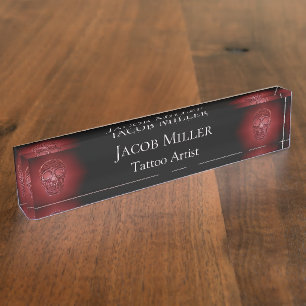 Gothic Skull Head Red Black Glowing Tattoo Shop Nameplate