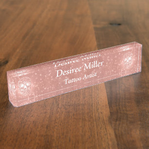 Gothic Skull Head Rose Gold Elegant Girly Glitter Nameplate