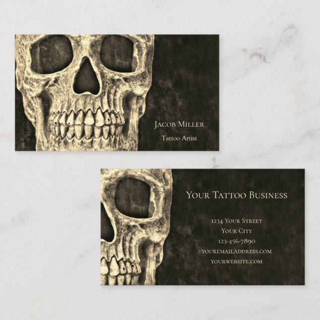 Gothic Skull Head Sepia Black Tattoo Artist Business Card (Front/Back)