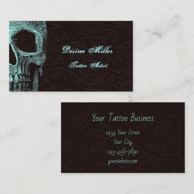 Gothic Skull Head Teal Brown Floral Tattoo Artist Business Card (Front/Back)