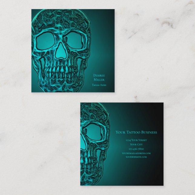 Gothic Skull Head Teal Green Metallic Tattoo Shop Square Business Card (Front/Back)