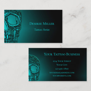 Gothic Skull Head Teal Green Tattoo Shop Business Card