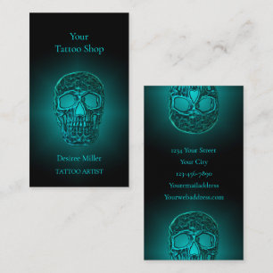 Gothic Skull Head Teal Green Tattoo Shop Business Card