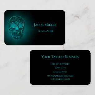 Gothic Skull Head Teal Green Tattoo Shop Business Card