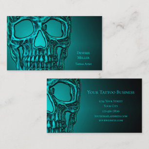 Gothic Skull Head Teal Green Tattoo Shop Business Card