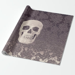 Gothic Skull Head White Grey Modern Vintage Floral Wrapping Paper