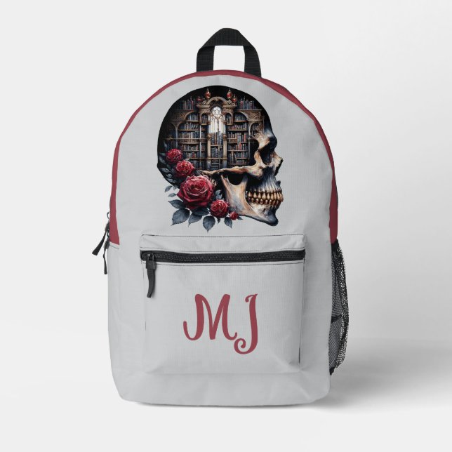 Gothic Skull Library Books Red Roses Personalised Printed Backpack (Front)