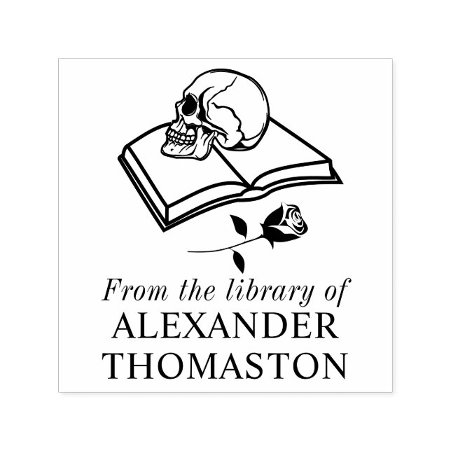 Gothic Skull on Open Book with Rose S Library Name Self-inking Stamp (Design)