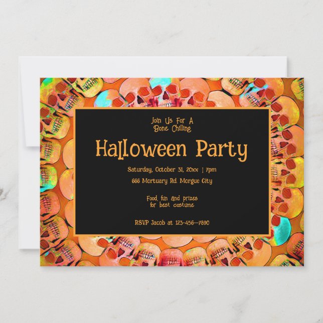 Gothic Skull Orange Abstract Halloween Party Invitation (Front)