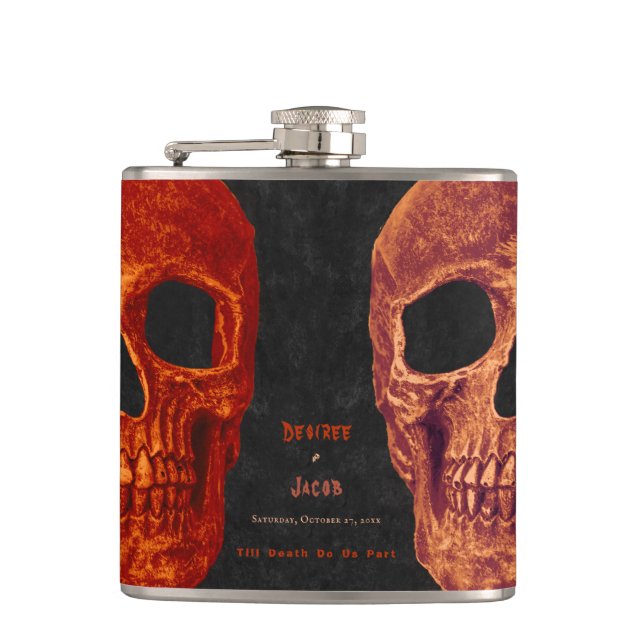 Gothic Skull Orange Black Hallowedding Hip Flask (Front)